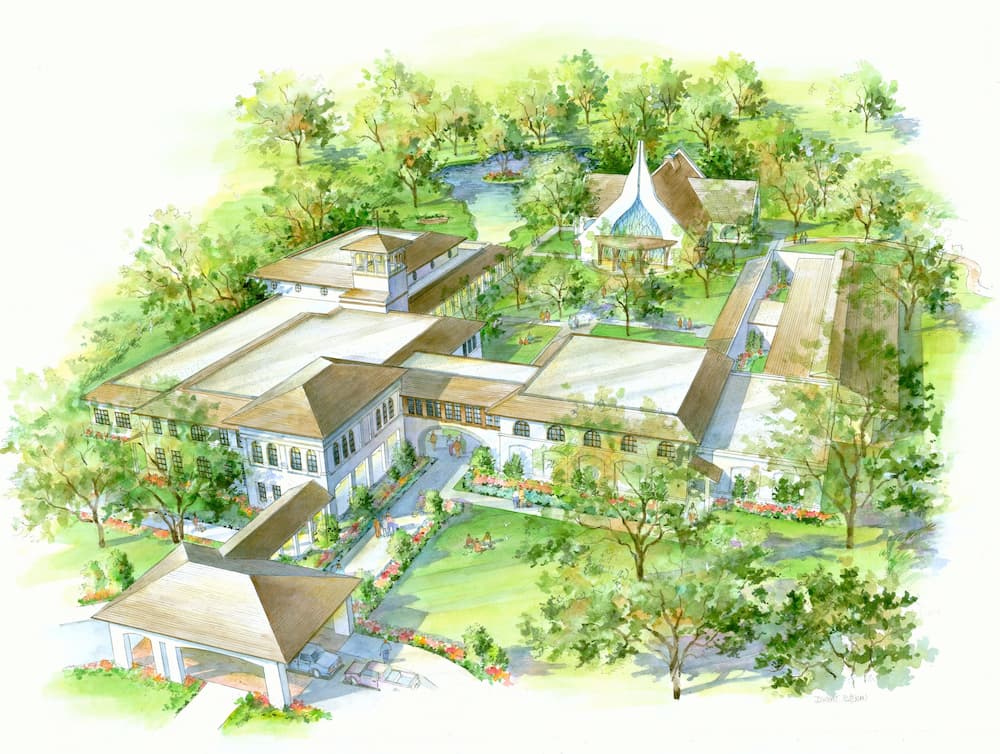 A watercolor paining of the proposed healing place campus.